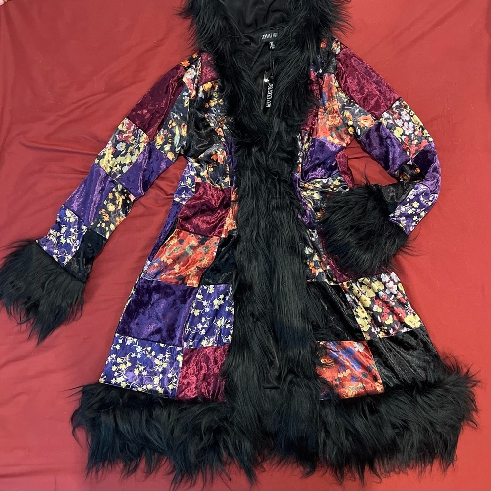 Dolls Kill x Current Mood Patchwork Fur Trench Coat - Picture 3 of 9
